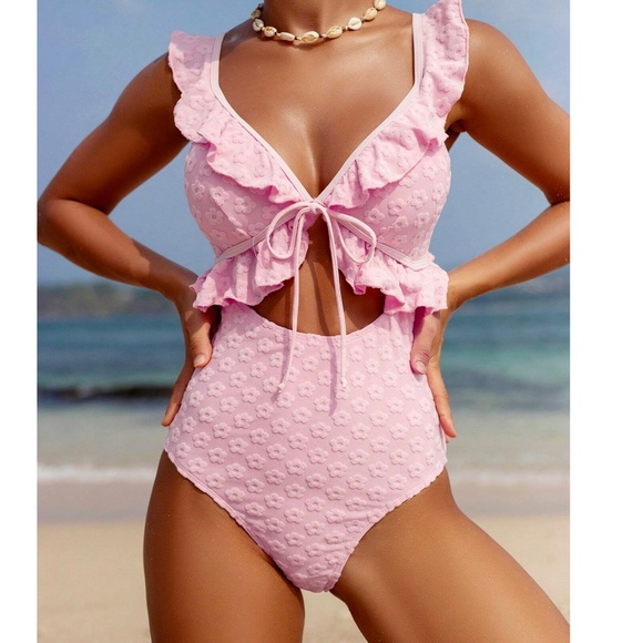 Floral Textured Print Plunging Neck Cut out Monokini One Piece Swimsuit - Picture 4 of 9